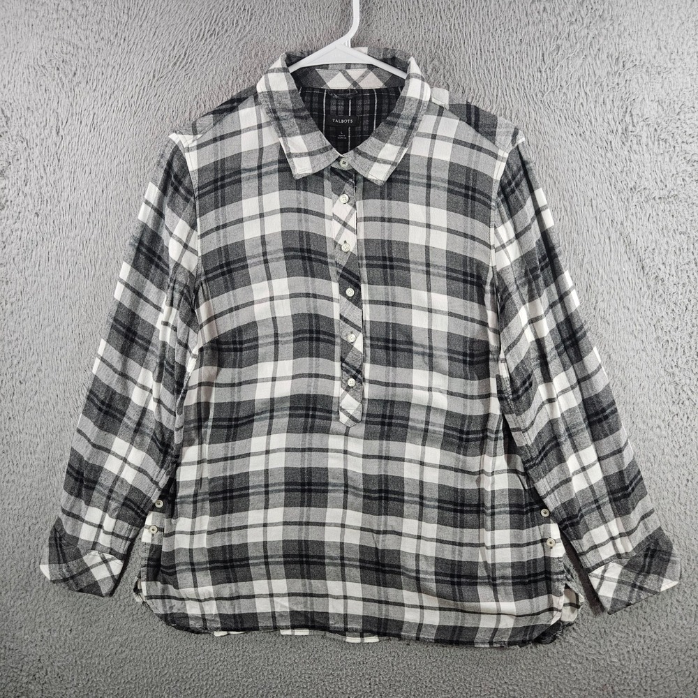 Talbots Womens Large Plaid Rayon Tunic Top Black White Gray Long Slv Button Up